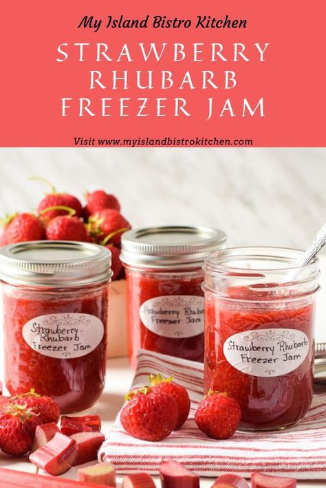 Strawberry Rhubarb Freezer Jam Recipe - My Island Bistro Kitchen Strawberry Rhubarb Freezer Jam Recipe, Strawberry Rhubarb Freezer Jam, Rhubarb Freezer Jam, Freeze Rhubarb, Rhubarb Jam Recipes, Strawberry Freezer Jam, Freezer Jam Recipes, Strawberry Rhubarb Jam, Bistro Kitchen