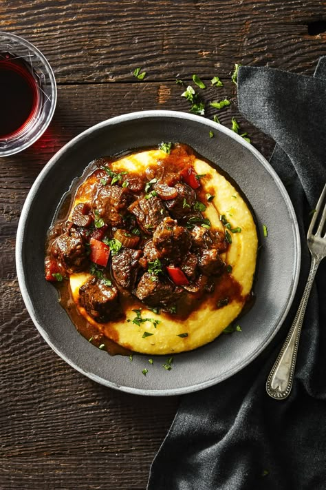 N'awlins Cajun Beef and Grits - 3 1/2 lb. boneless beef chuck, trimmed and cut into 1" chunks Cajun Beef Tips, Beef And Grits Recipe, Grits Dinner Recipe, Beef And Grits, Recipes With Grits, Grits Dinner, Butter Steak Bites Recipe, Beef Chuck Recipes, Cajun Butter Steak