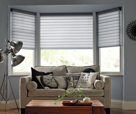 Ideas For Treating A Bay Window - Don't be intimidated. Blinds Galore offers options, ideas and photos for inspiration for window treatments on bay windows. Bay Window Blinds, Bay Window Treatments, Curtains Living Room Modern, Bay Window Curtains, Interior Window Shutters, Best Blinds, Living Room Blinds, Blinds Design, Revere Pewter