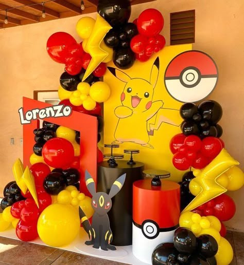 #party #partyideas #candies #cowgirl #cowgirlfashion #cow #cowparty #cowprint #space #spacecowgirlparty #fashion #party #toystory #starwars #toystoryparty #woodie #buzzlighthyear #cake #balloons #birthdayparty #birthdaypartyideas #birthdaydecoration #candies #themeparties #pokemon #pokemonfanart #pokemonparty Pokemon Theme Decorations, Pokemon Birthday Party Balloons, Pikachu Themed Birthday Party, Pikachu Decorations Party Ideas, Pokemon Birthday Decor, Pokemon Party Decor, Pokémon Birthday Decorations, Pokémon Theme Party, Pokemon Decorations Party