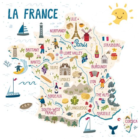 Go to France - Carolyn Boyd - France Travel Expert #france #francetravel #francearticles #frenchholidays #francevacation France Travel Map, France Travel Journal, France Map Aesthetic, France Map Illustration, France Illustration, French Icons, Creative School Project Ideas, Travel Art Journal, French Language Lessons