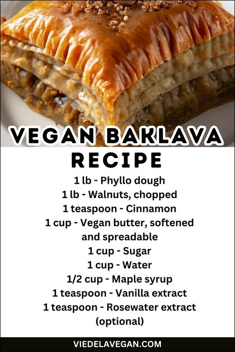 Vegan Baklava Recipe Vegan Phyllo Recipes, Gluten Free Baklava, Vegan Baklava, Phyllo Dough Recipes, Phyllo Recipes, Baklava Recipe, Vegan Baking Recipes, Plant Based Desserts, Homemade Syrup