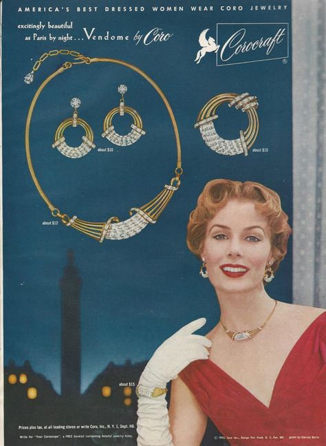 50s Chic, Jewelry Advertisement, Jewelry Advertising, Vendome Jewelry, Jewellery Advertising, Jewelry Ad, Vintage Gold Necklace, Baguette Necklace, Costume Jewelery