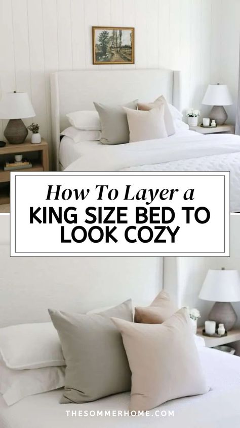 Transform your master bedroom into a designer haven with our guide on How To Layer A King Bed Like A Designer. Learn how to use Master Bed Linens and thoughtful layering techniques to create a cozy and stylish bed. Discover How To Style Your Bed Cozy for a bedroom that feels both luxurious and welcoming. How To Style A Bed, Layer A Bed, Layered Bedding Ideas, Bed Linen Inspiration, Bed Pillow Arrangement, Ultimate Bedroom, Bedroom Transformation, Designer Bedroom, Cal King Bedding