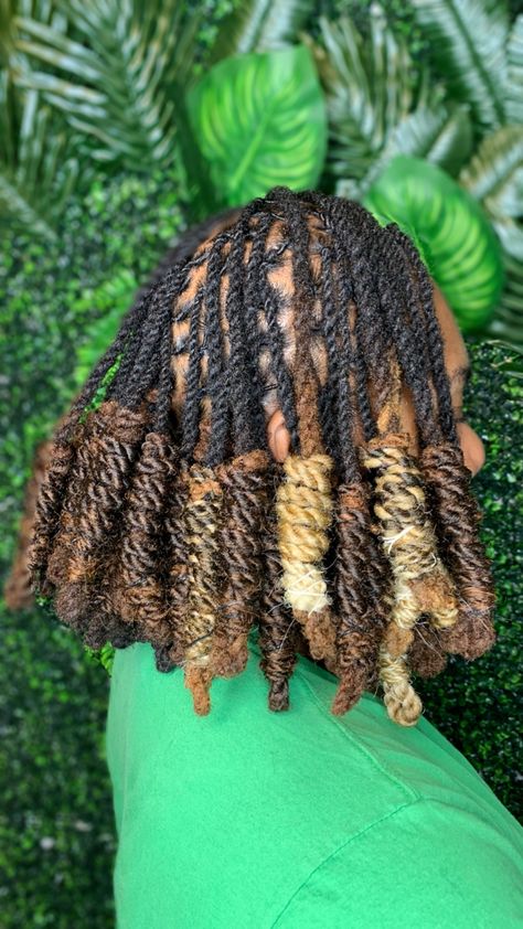 Cuban twist hair added to the ends of permanent locs for length. Then hair wrapped up into loc bob for style. Locs Wrapped Ends, Hair Over Locs, Twists On Locs, Cuban Twists, Loc Bob, Cuban Twist, Cuban Twist Hair, Hair Twists, Loc Hairstyles