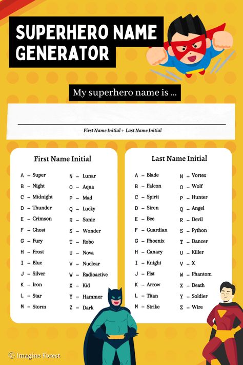 Superhero Name Generator 🦸 | Imagine Forest Superhero Name Generator, Super Hero Name Generator, Supervillain Names, Super Hero Names Ideas, Superhero Names Ideas, Hero Names Ideas, Hero Name Generator, Hero Names, Superhero Writing