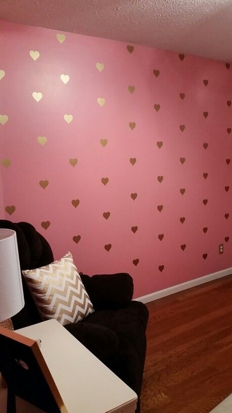 Pink,gold, and ivory nursery. Gold heart wall decals. Pink Paint Designs On Wall, Pink And Gold Accent Wall, Pink And Gold Wallpaper Bedroom, Pink Sparkle Accent Wall, Pink And Gold Flakes Wall Paint, Wall Stickers For Pink Wall, Heart Wall Decal, Creative Bedroom, Interior Wall Paint