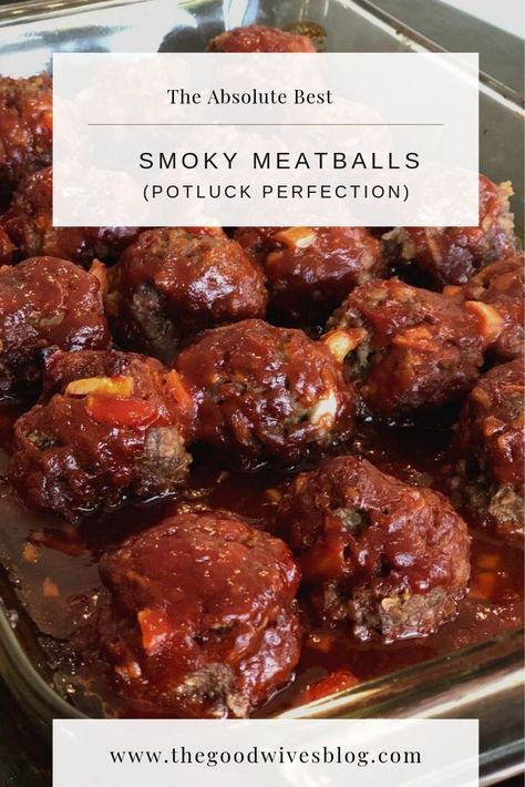 These easy to make smoky meatballs are all things awesome. They are smoky and sweet and this recipe makes a huge batch. Perfect for potlucks or for freezing. I serve them up with a side of garlic mashed and coleslaw. So yummy  | meatballs | smoky | BBQ | Barbecue | family favorite | easy dinner | weeknight  dinners | potlucks | cooking for a crowd | ground beef | liquid smoke | Easy Meat Dishes For A Crowd, Smokey Meatballs, Smoked Ground Beef Recipes, Smoky Meatballs, Meat Dishes For A Crowd, Super Bowl Potluck, Easy Homemade Meatballs, Smoked Meatballs, Yummy Meatballs