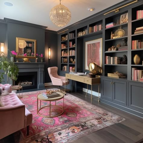 Feminine Library Office, Feminine Home Office Library, Glam Office Guest Room Ideas, Womens Study Room Home Office, Home Vault Room, Purple Library Room, Moody Glam Office, Work From Home Office Layout, Feminine Library Room