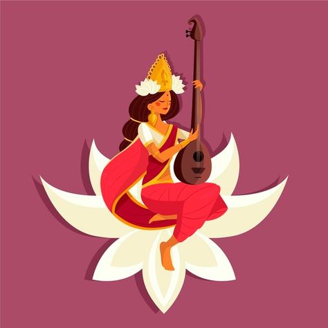 Vasant panchami festival saraswati flat ... | Free Vector #Freepik #freevector #design #celebration #happy #india Maa Saraswati Art, Saraswati Goddess Paintings Sketch, Saraswati Devi Art, Saraswati Illustration, Saraswati Wallpaper, Saraswati Art, Happy Saraswati Puja, Saraswati Vandana, Saraswati Painting