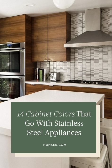 What Color Cabinets Go With Stainless Steel Appliances, Cabinet Colors With Stainless Appliances, Silver Appliances Kitchen Cabinet Colors, Stainless Steel Color Palette, Kitchen Paint Colors With Stainless Steel Appliances, Kitchen Design Stainless Steel, Stainless Steel Appliances Kitchen, Warm Kitchen Colors, Kitchen Cabinet Color Schemes