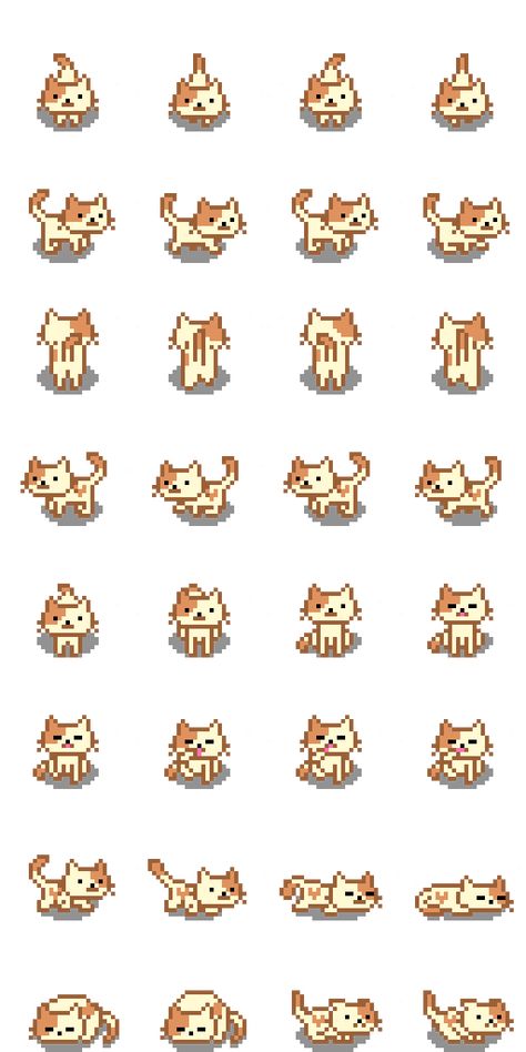 Pixel Art Cat Sprite Sheet, Cute Pixel Characters, Cat Sprite Sheet, Pixel Rpg Characters, 2d Pixel Character Sprite, Cute Pixel Character, Pixel Art Sprites Character Design, Pixel Art Creature, Pixel Game Character Design