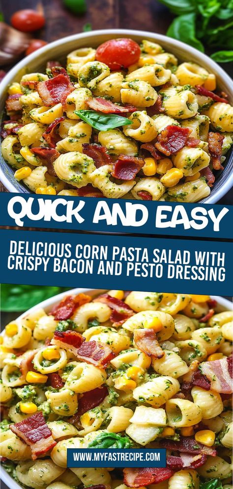 Elevate your meal with this Delicious Corn Pasta Salad featuring Crispy Bacon and Pesto Dressing! This vibrant dish is ideal for any occasion, from summer barbecues to weeknight dinners. Combining sweet corn, savory bacon, and a creamy pesto dressing, it offers a burst of flavors in every bite. With simple ingredients and easy preparation, it’s a fantastic choice for those looking to impress without spending hours in the kitchen. Serve chilled for a refreshing treat! Creamy Pesto Dressing, Corn Pasta Salad, Savory Bacon, Tasty Dinner Recipes, Pesto Dressing, Corn Pasta, Delicious Dinner Ideas, Creamy Pesto, Tasty Dinner