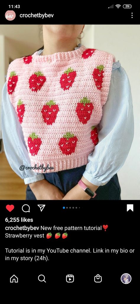 A light pink crochet sweater vest with red and green strawberries. Strawberry Vest, Vest Knitted, Vest Crochet, Crochet Strawberry, Muse, Free Pattern, Yarn, Drive, Knitting