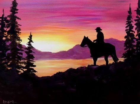 Boho Western Painting, Easy Horse Painting Ideas, Diy Western Canvas Painting, Horse Silhouette Painting, Cowboy Paintings Easy, Easy Western Paintings, Western Canvas Painting Easy, Western Painting Ideas, Horse Paintings Acrylic