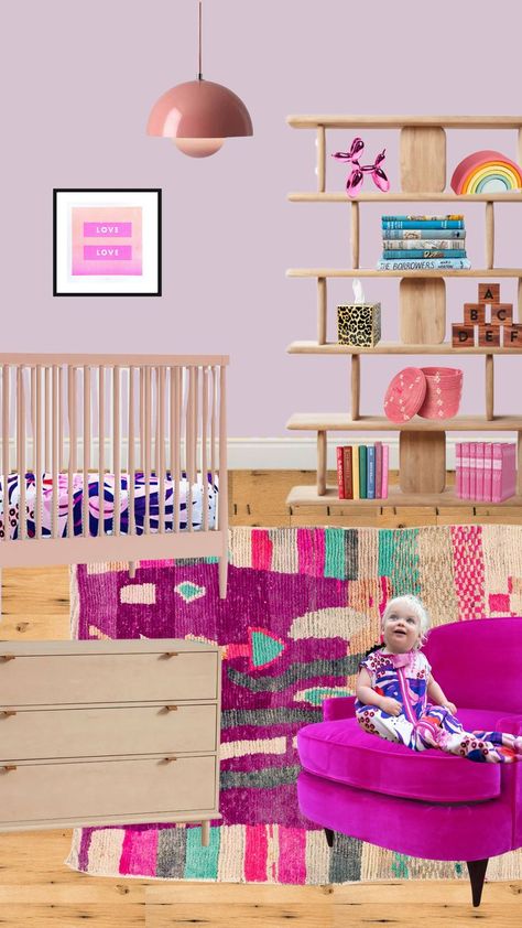 Fuschia, hot pink, teal and lavender nursery with natural furniture elements and fuschia moroccan rug - featuring MiliMili butter soft crib sheets, sleep sack and Love is Love art print. Bright Purple Nursery, Hot Pink Nursery Ideas, Hot Pink Nursery, Jewel Tone Nursery, Colorful Nursery Ideas, Southwestern Interior Design, Teal And Lavender, Modern Girl Nursery, Lavender Nursery