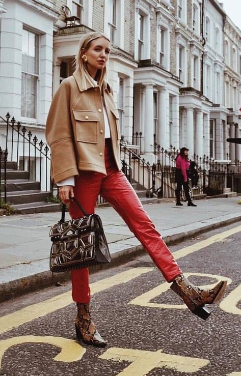 Color-blocking, bold red, red leather pants, crocodile boots, chunky jacket Colored Leather Pants Outfit, Red Pants Street Style, Red Leather Dress Outfit, Red Pants Outfit Winter, Crocodile Boots Outfit, Red And Camel Outfit, Red Pants Outfit Street Style, Red Leather Pants Outfit, Camel Jacket Outfit