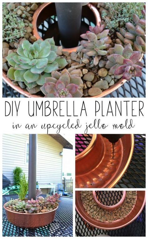 A copper jello mold can be reused as a DIY umbrella flower pot.  What a cute little succulent garden! Umbrella Planter, Garden Diy Decoration Ideas, Diy Umbrella, Jello Mold, Patio Pots, Garden Sculptures, Flower Pot Crafts, Diy Flower Pots, Jello Molds