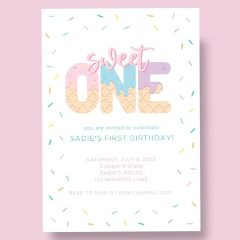 Sweet One Theme Birthday, 1st Birthday Ice Cream Theme, Ice Cream First Birthday Party, Ice Cream First Birthday Girl, First Birthday Ice Cream Theme, Sweet One Birthday Party, Sweet One Ice Cream First Birthday, Sweet One Invitation, Sweet One Birthday Theme