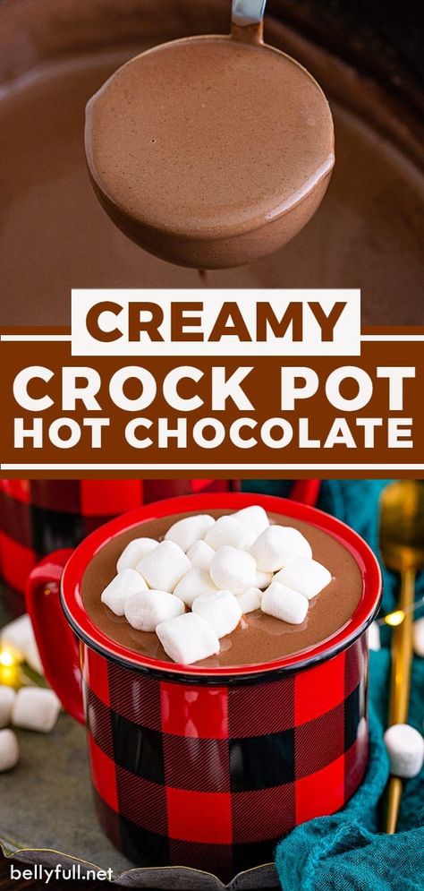 Creamy, decadent, and luscious, this Slow Cooker Hot Chocolate recipe is one you'll want to be making all winter long! It's the perfect big batch hot chocolate drink to serve up for any holiday party or gathering of friends and family. Simple Crockpot Hot Chocolate, Homemade Hot Chocolate In Crock Pot, Homemade Thick Hot Chocolate, Hot Chocolate Recipes With Chocolate Bar, Bob Evans Hot Chocolate Recipe, The Best Crockpot Hot Chocolate, What Goes With Hot Chocolate, Snacks To Go With Hot Chocolate, Swiss Miss Hot Chocolate Crock Pot