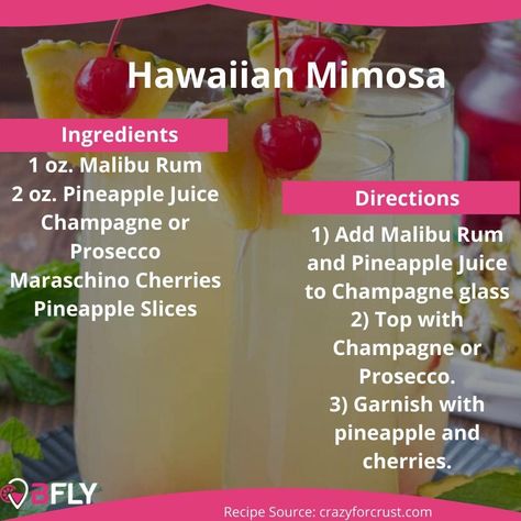 Hawaiian Mimosa With Malibu, Hawaiian Mimosa Recipe, Brunch Mimosa Ideas, Hawaiian Sangria, Hawaiian Mimosa, Mimosa Bar Ideas, Hawaiian Mimosas, Mimosas Recipe, Mimosa Recipes