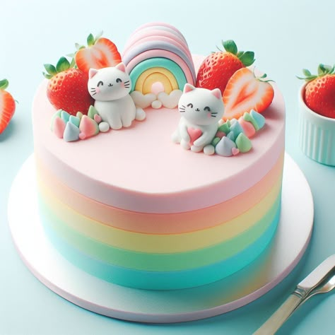 Kawaii Cat Cake, Cat Theme Cake Kid Birthdays, Rainbow Cat Cake, Kitty Cat Birthday Cake, Cat Theme Cake, Cat Themed Birthday Cake, Mini Mouse Birthday Cake, Cat Birthday Cake, Bakery Shop Interior