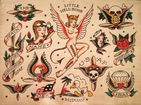 Old School Traditional Tattoo, Sailor Jerry Flash, Sailor Jerry Tattoo Flash, Sailor Jerry Tattoo, Jerry Tattoo, Vintage Tattoo Flash, Traditional Tattoo Flash Art, Famous Tattoo Artists, Sailor Jerry Tattoos