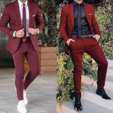 Prom Suits For Men Maroon, Red Prom Ideas Men, Wine Red Suit Men Prom, Red Hoco Suit Men, Red Prom Looks For Guys, Best Formal Dress For Men, Dark Red Suit Men, Mens Prom Outfit, Dark Red Suit