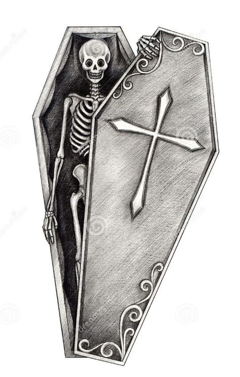 Coffin Drawing, Coffin Tattoo, Dead Hand, Surreal Tattoo, Skeleton Drawings, Skeleton Sticker, Halloween Coffin, Dark Art Tattoo, Drawing On Paper