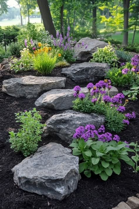 13 Rock Landscaping Ideas For Your Garden - DreamyHomeStyle Garden With Large Rocks, Rock Stream Landscaping, Evergreen Rock Garden, Rock Plants Garden, Landscape Large Rocks, Rock Bed Ideas Front Yards, Creek Rock Landscaping Edging, Boulder Hillside Landscaping, Landscape Ideas With Large Rocks