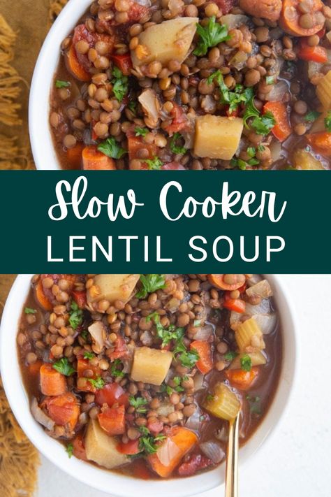 Slow Cooker Lentil Soup with vegetables is the most basic lentil soup that wins each and every time! The best lentil soup recipe for anyone craving a hearty meal! This is quite possibly one of the easiest slow cooker recipes you’ll ever make! Slow Cooker Vegetable Lentil Soup, Veggie Lentil Soup Crock Pot, Sweet Potato Lentil Soup Crockpot, Lentil Bean Soup Crockpot, Easy Lentil Crockpot Recipes, Slow Cooker Lentil Soup Recipes, Slow Cooker Lentil Stew, Crock Pot Lentil Soup Slow Cooker, Vegetable Lentil Soup Crockpot