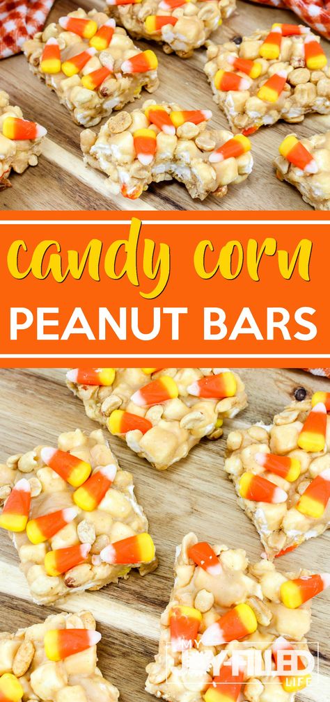 These candy corn peanut bars are super fun for any harvest party, fall occasion, or even an after-school snack. #candycorn #falltreat #dessert Uses For Candy Corn, Harvest Treats For School, Corn Candy Recipe, Candy Corn Peanut Bars, Fall Snacks To Sell, Fall Cracker Candy, Candy Corn Dessert Recipes, Candy Corn Treats, Harvest Snacks