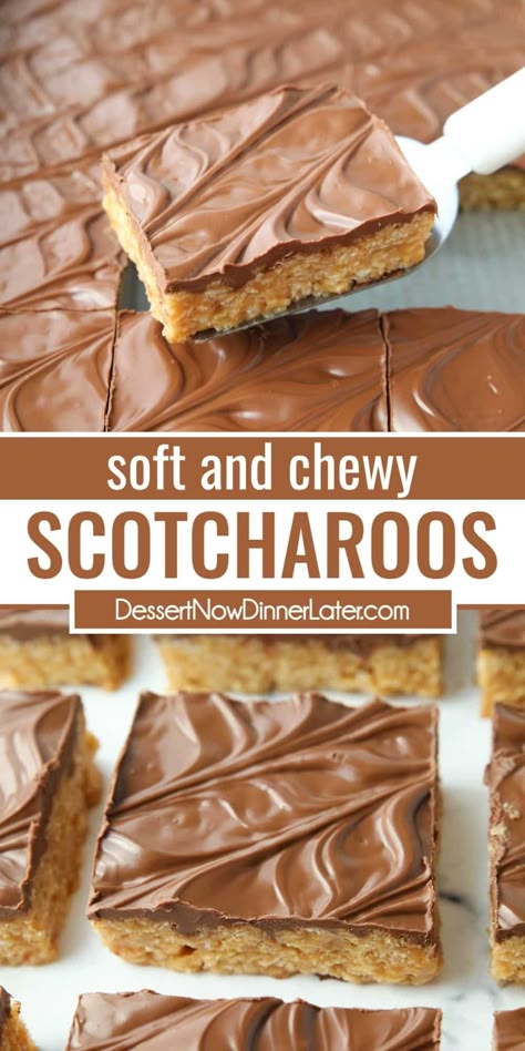 Scotcharoos are super soft peanut butter rice krispie treats covered with melted chocolate and butterscotch chips. An easy, old fashioned, no bake treat. Scotch A Roos Bars Recipe, How To Make Scotcheroos, Scotcharoos With Cheerios, Peanutbutter Chocolate Rice Crispy Bars, Scotcheroos With Marshmallows, Sheet Pan Scotcharoos, Scotcharoos Chex Recipe, Easy Squares For A Crowd, Scor Bar Squares