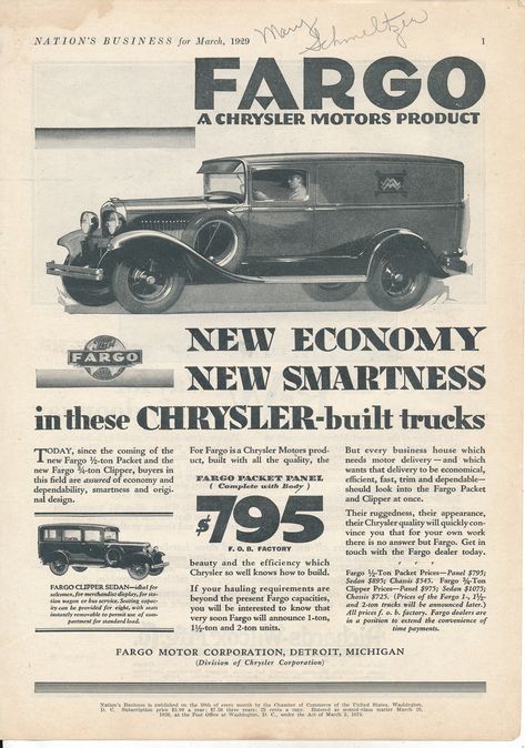 Fargo Trucks 4 Vintage Magazine Ads from the 1920's and 1930's Ad size approx:  8 X 10  Free Shipping in the USA 1930 Graphic Design, 1920s Ads, Fargo Truck, Decades Party, 90s Car Adverts, 70s Car Ads, 80s Car Advertisements, Old Car Magazines, Old Car Adverts