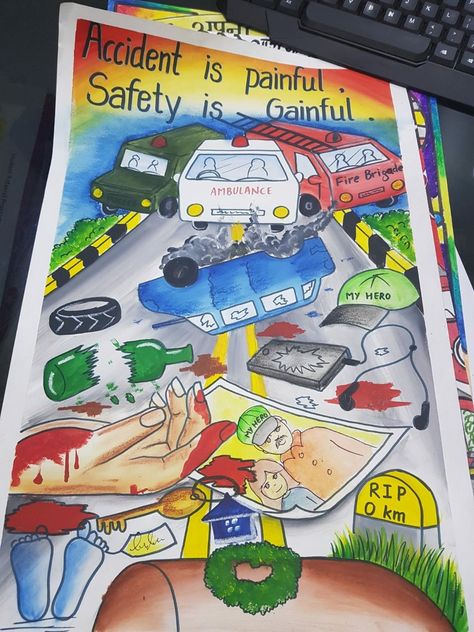 Mines Safety Poster Drawing, Painting On Road Safety, Sadak Suraksha Poster, Drawing On Road Safety, Road Safety Sketch, Road Safety Painting, Road Safety Poster Drawing Competition, Poverty Drawing Easy, Traffic Safety Drawing