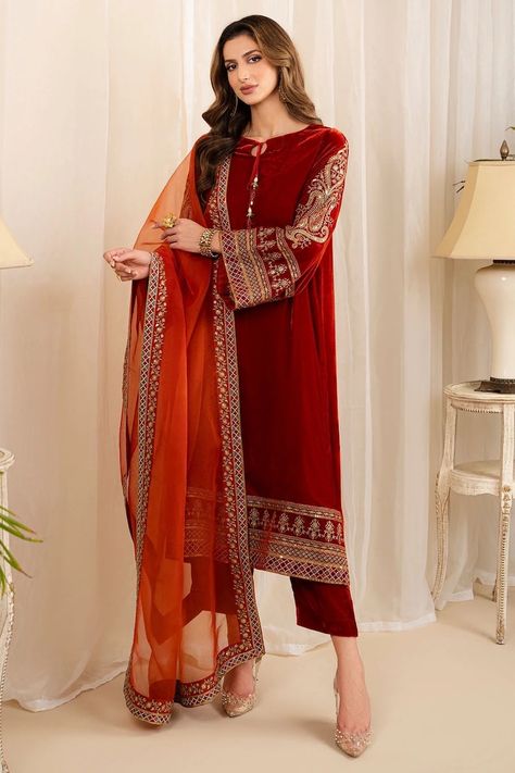 3pc Velvet Burnt Orange Indian Pakistani Bangladeshi Desi Designer Shalwar Kameez Suit - Etsy Rust Orange Suits Women Indian, Burnt Orange Pakistani Outfit, Orange Pakistani Suit, Orange Shalwar Kameez, Orange Color Dress Pakistani, Semi-stitched Bollywood Style Orange Salwar Kameez, Velvet Clothes, Fancy Dress Design, Shalwar Kameez