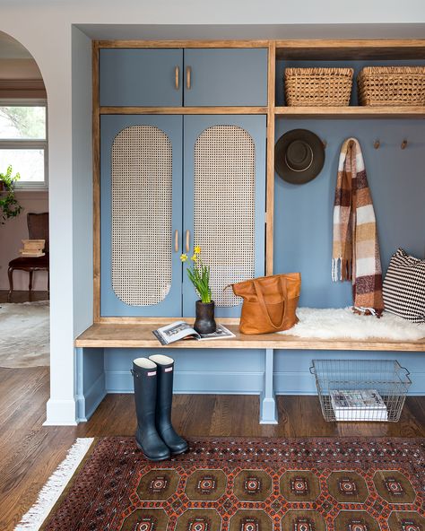 Mudroom Wall In Kitchen, Utility Hallway Ideas, Colorful Mudroom Ideas, Fun Entryway Ideas, Colorful Mudroom, Blue Green Living Room, Green Shower Tile, Mudroom Entry, Red Brick Fireplaces