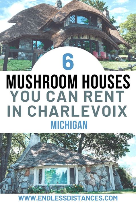 Staying in one of the iconic Charlevoix Mushroom Houses is the most unique thing to do in Charlevoix! These 6 are available for rental. | Charlevoix | Michigan | USA | United States of America | Travel Destinations | Honeymoon | Backpack | Vacation | Bucket List | Off the Beaten Path | Local Guide | Wanderlust #travel #honeymoon #offthebeatenpath #bucketlist #Michigan #EarlYoung #architecture #mushroomhouses #hobbithomes #USA #America #UnitedStates #discoverMichigan #TravelMichigan Vacation Bucket List, Charlevoix Michigan, Mushroom Houses, Travel Honeymoon, Dream Hotels, Michigan Travel, Michigan Usa, Mushroom House, Family Getaways