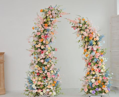 Spring Pastel Floral Arrangements, Colourful Pastel Wedding Flowers, Tropical Flower Arch, Rustic Pastel Wedding Theme, Wedding Pastel Color Schemes, Flower Tower Wedding, Pastel Wedding Arch, Summer Color Wedding, Spring Color Palette Wedding