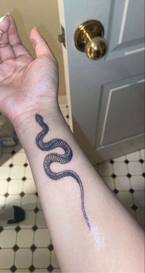 Snake Tattoos On Wrist, Snake Tattoo Lower Arm, Inner Arm Snake Tattoo, Snake With Wings Tattoo, Copperhead Snake Tattoo, Snake On Arm Tattoo, Snake Tattoo Wrist, Wrist Snake Tattoo, Hand Snake Tattoo