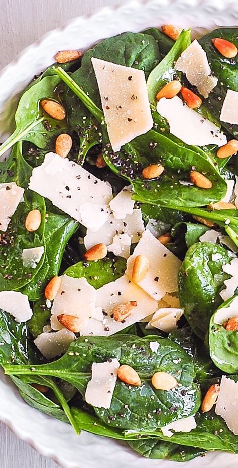 15-Minute Spinach Salad with Pine Nuts, Parmesan, Lemon, and Olive Oil Salad With Pine Nuts Healthy, Veg Salads, Easy Homemade Salad Dressing, Simple Spinach Salad, Pine Nuts Salad, Parmesan Salad, Lobster Dinner, Keto Eating, Spinach Salad Recipes