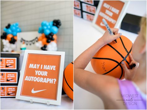 Connor's Nike Themed 6th Birthday Party - midwestmeetsdesign.com 30th Birthday Sports Theme, Rookie Of The Year First Birthday Dessert Table, Basketball Themed 2nd Birthday, Basketball Tournament Birthday Party, And 1 Basketball Birthday Party, March Madness Party Ideas Decor, One Year Old Basketball Theme Party, Basketball Party Activities, Nba Basketball Party Ideas