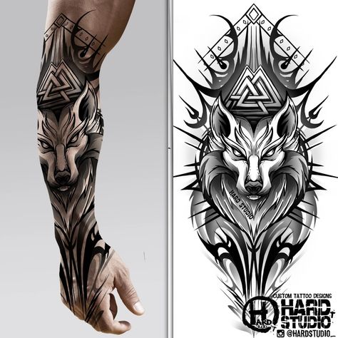 #forearm #wolf #tattoo design #tattoo idea #bng design #graphics #pattern tattoo #bw tattoo #valknut #tattoo idea #hardstudio #wild Mens Tattoos Ideas Forearm Unique, Tattoo Designs Wolf, Viking Tattoos For Men, Fenrir Tattoo, Rabe Tattoo, Viking Tattoo Sleeve, Wolf Tattoo Sleeve, Armor Tattoo, Skull Sleeve Tattoos