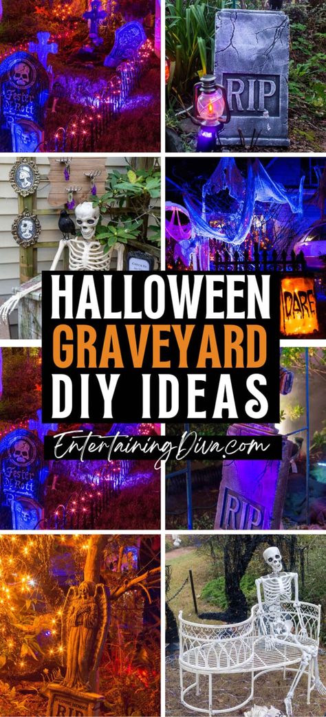 Halloween Decorations Tombstones, Diy Halloween Decorations Tombstones, Graveyard Yard Decorations, Front Yard Decor Halloween, Diy Outdoor Halloween Graveyard, Graveyard Party Ideas, Halloween Yard Decorations Graveyard, Diy Halloween Decorations Graveyard, Spooky Halloween Graveyard Ideas