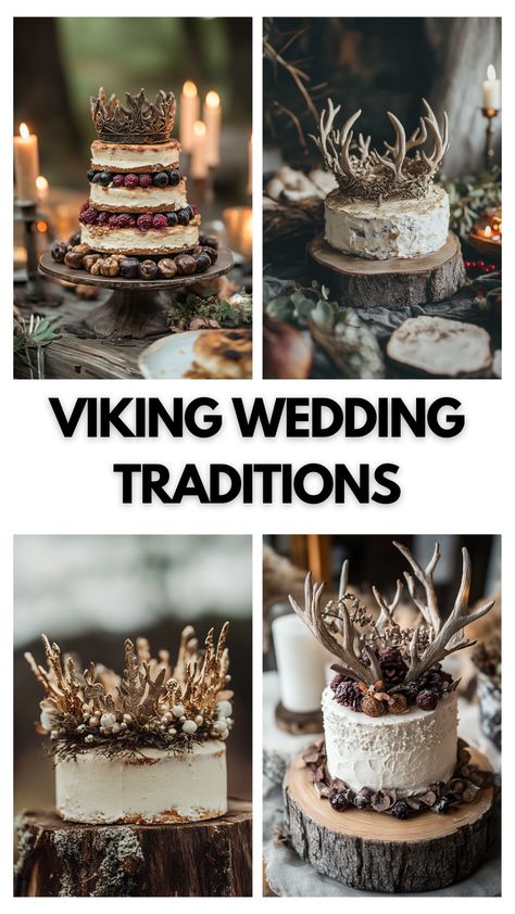 Viking bridal crown and rustic cake topper with Nordic wedding décor Viking Wedding Cake, Viking Style Wedding, Viking Wedding Traditions, Viking Feast, Viking Lady, Dnd Wedding, Ritual Ideas, Pretty Wedding Rings, Nordic Wedding