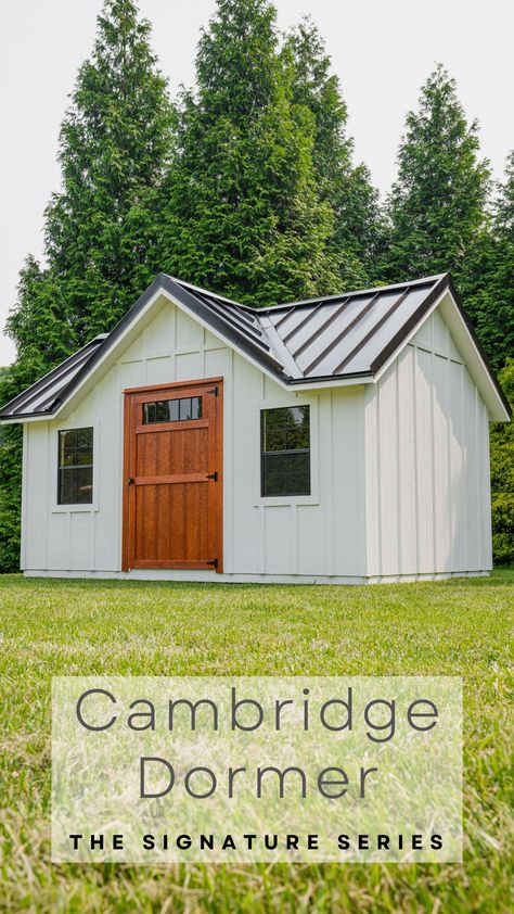 White Garden Shed Ideas, Shed With Dormer, Board Batten Siding, She Shed Office, Metal Storage Buildings, Storage Barn, Utility Shed, Pitch Roof, Backyard Guest Houses