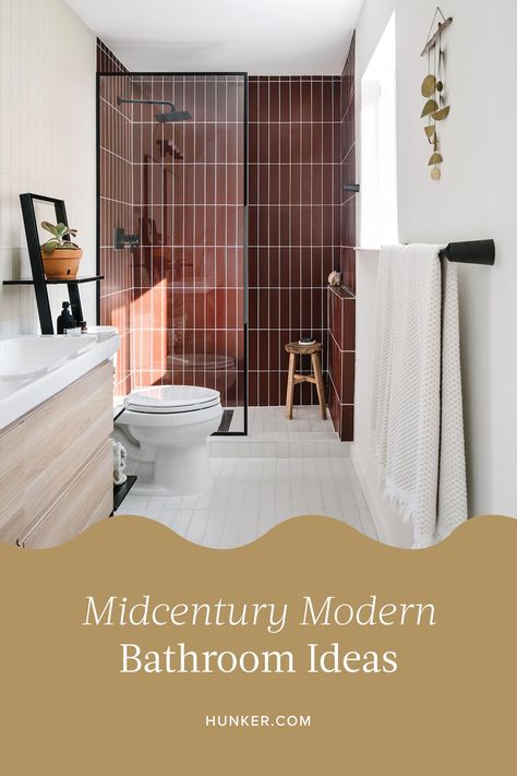 Mid Century Modern Bathroom Remodel, Mid Century Modern Bathroom Cabinets, Midcentury Small Bathroom, Mid Century Style Bathroom, Mis Century Modern Bathroom Ideas, Bathroom Design Mid Century Modern, Mcm Tile Bathroom, Small Mid Century Modern Bathroom, Mid Century Farmhouse Style Bathroom