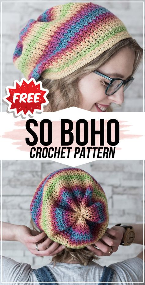 crochet So Boho free pattern - easy crochet beanie pattern for beginners Slouch Beanie Crochet Pattern, Crochet Slouchy Beanie Pattern, Slouchy Hat Crochet Pattern, Crochet Adult Hat, Boho Crochet Patterns, Crochet Slouchy Beanie, Crochet Slouchy Hat, Easy Crochet Hat, Crochet Beret