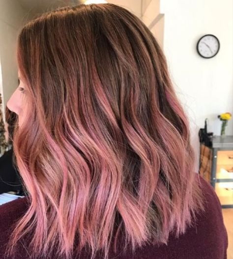 Light Pink Ends On Brown Hair, Pink Hair Ends Brunette, Auburn Hair With Pink Highlights, Pink Hair On Brunette, Pink Tipped Hair, Pink And Light Brown Hair, Brown Hair Pink Ends, Pink Ends Hair Brown, Brown Hair With Pink Ends