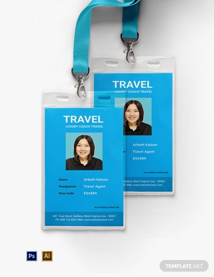 Professionally Designed/ Written Free Free Travel Agency ID Card Template Template - Easily Download, Edit & Print in Illustrator (ai), Photoshop (psd) Agency Brand Identity, Identity Card Design, Word Template Design, Corporate Template, Travel Free, Make Business Cards, An Open Book, Id Card Template, Place Card Template